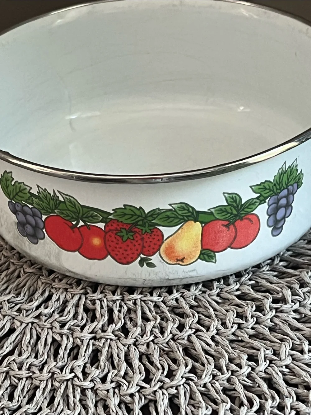 Vintage White Enamel Fruit-Print Bowl apples cottage core granny decor